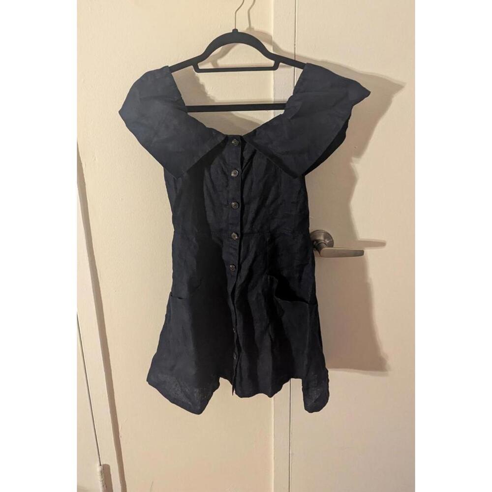 Reformation dark blue linen off-the-shoulder Landy dress